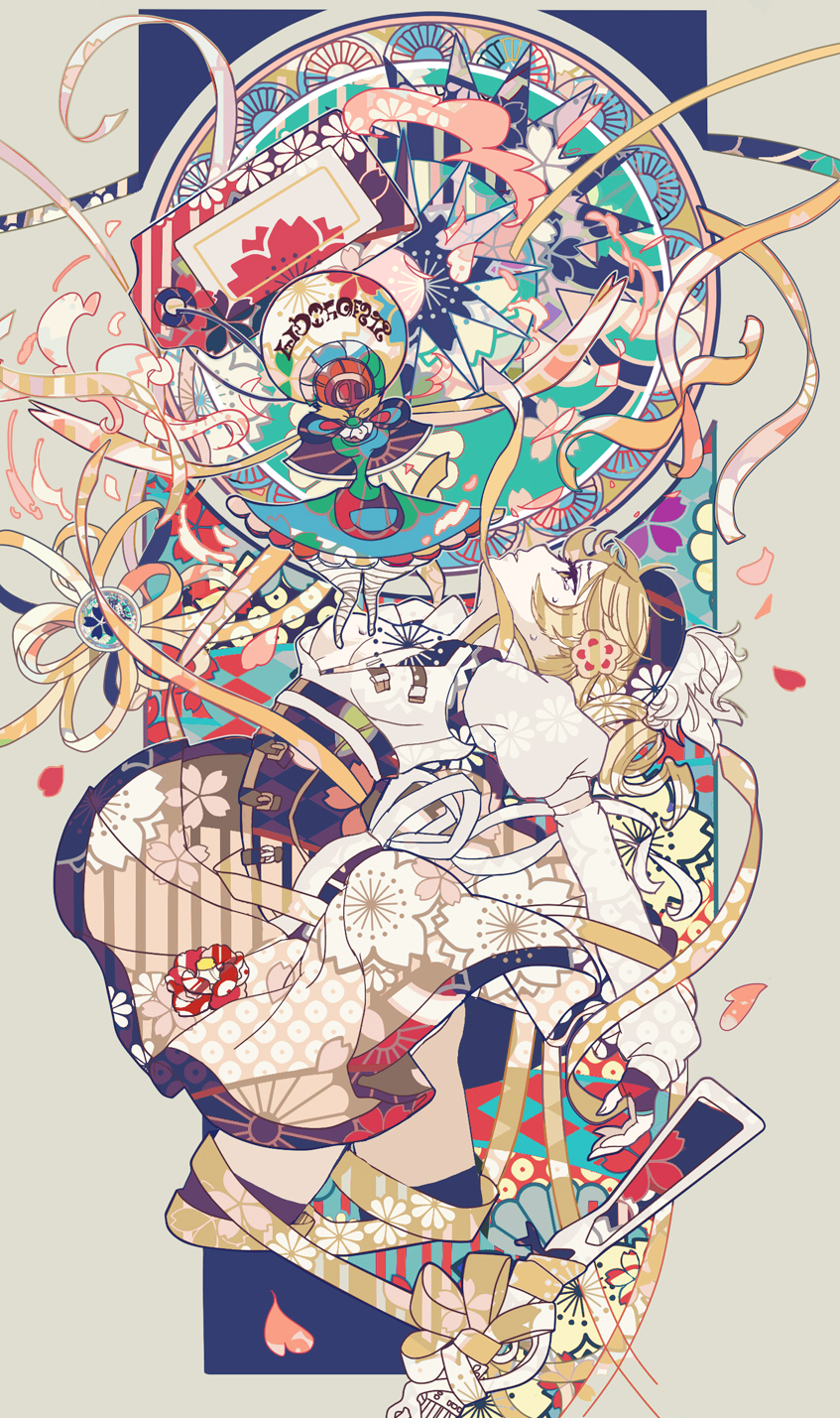 10s, 1girl, art_nouveau, beret, blonde_hair, bourbone, breasts, brown_thighhighs