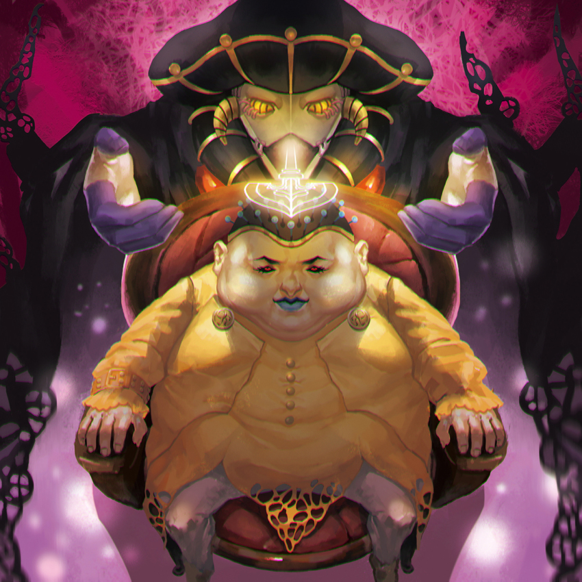 2boys, aruolrn, black_sabbath_(stand), blue_lips, chair, chromatic_aberration, double_chin, fat