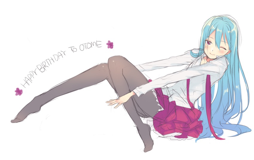 1girl, ;), black_pantyhose, blue_hair, blush, female_focus, full_body, fuubuu, girlfriend_(kari), happy_birthday, highres, kayashima_otome, long_sleeves, looking_at_viewer, necktie, one_eye_closed, pantyhose, red_eyes, school_uniform, shirt, simple_background, smile, solo, undone_necktie, white_background, white_shirt