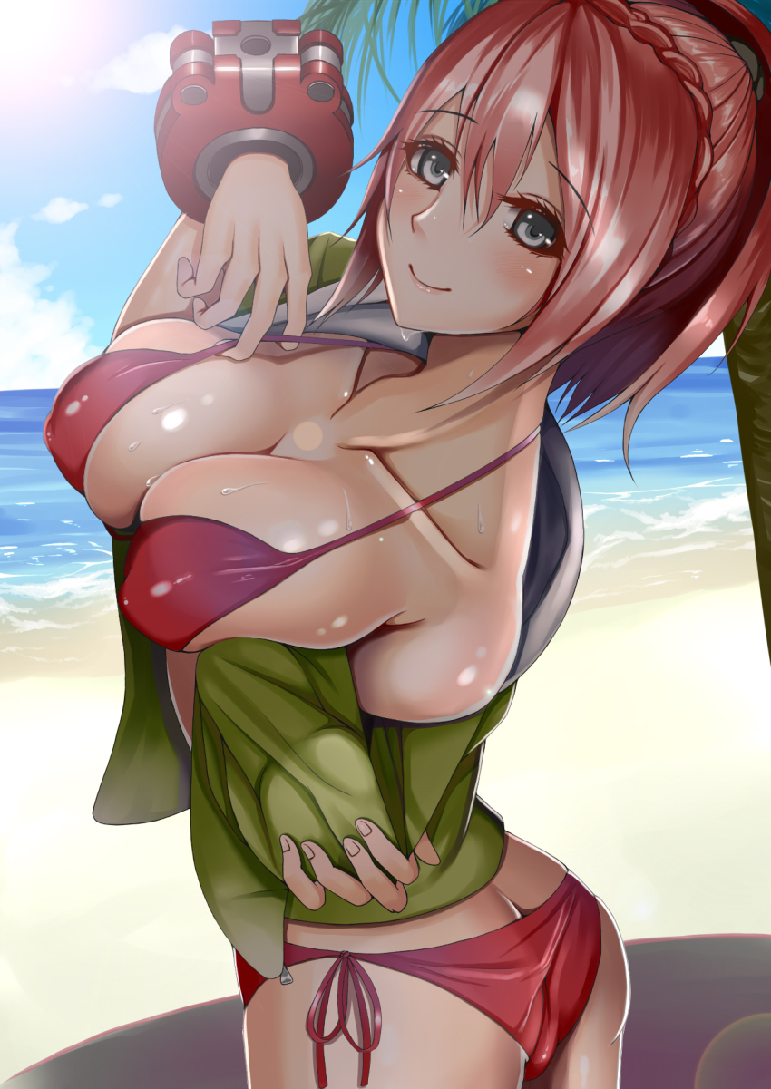 10s, 1girl, ass, bare_shoulders, beach, bikini, blush, braid