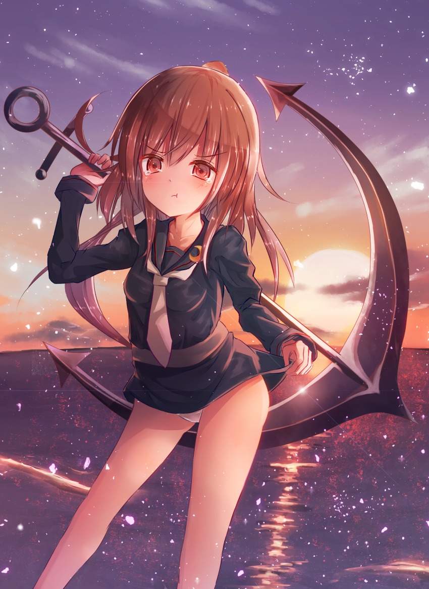 10s, 1girl, absurdres, anchor, black_serafuku, brown_eyes, brown_hair, dusk