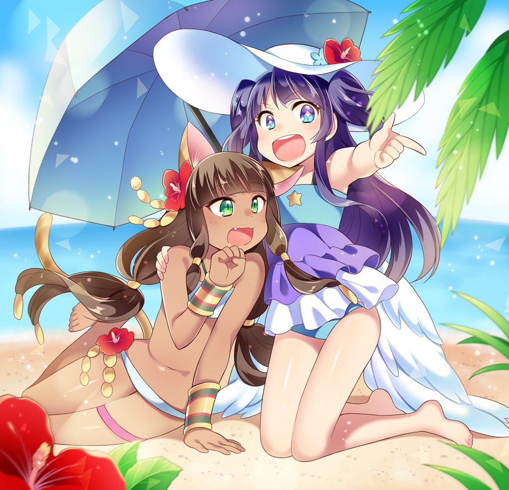 +_+, 2girls, :d, ancient_egyptian, animal_ears, bastet_(p&amp;d), beach, bikini, blue_eyes, brown_hair, cat_ears, cat_tail, dark-skinned_female, dark_skin, day, flower, green_eyes, hat, hat_flower, hibiscus, kaki_s, long_hair, lumiel_(p&amp;d), multiple_girls, open_mouth, outdoors, puzzle_&amp;_dragons, smile, strapless, swimsuit, tail, tube_top, two_side_up, water, white_bikini