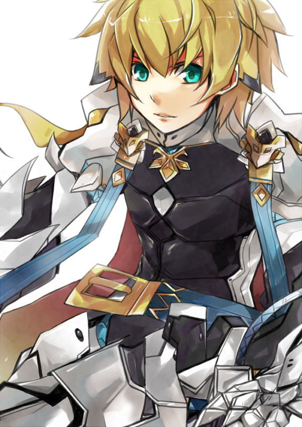 1boy, 77_degrees, armor, blonde_hair, buckle, chung_seiker, deadly_chaser_(elsword), elsword, gloves, green_eyes, hair_flaps, male_focus, solo, spiked_hair, white_background