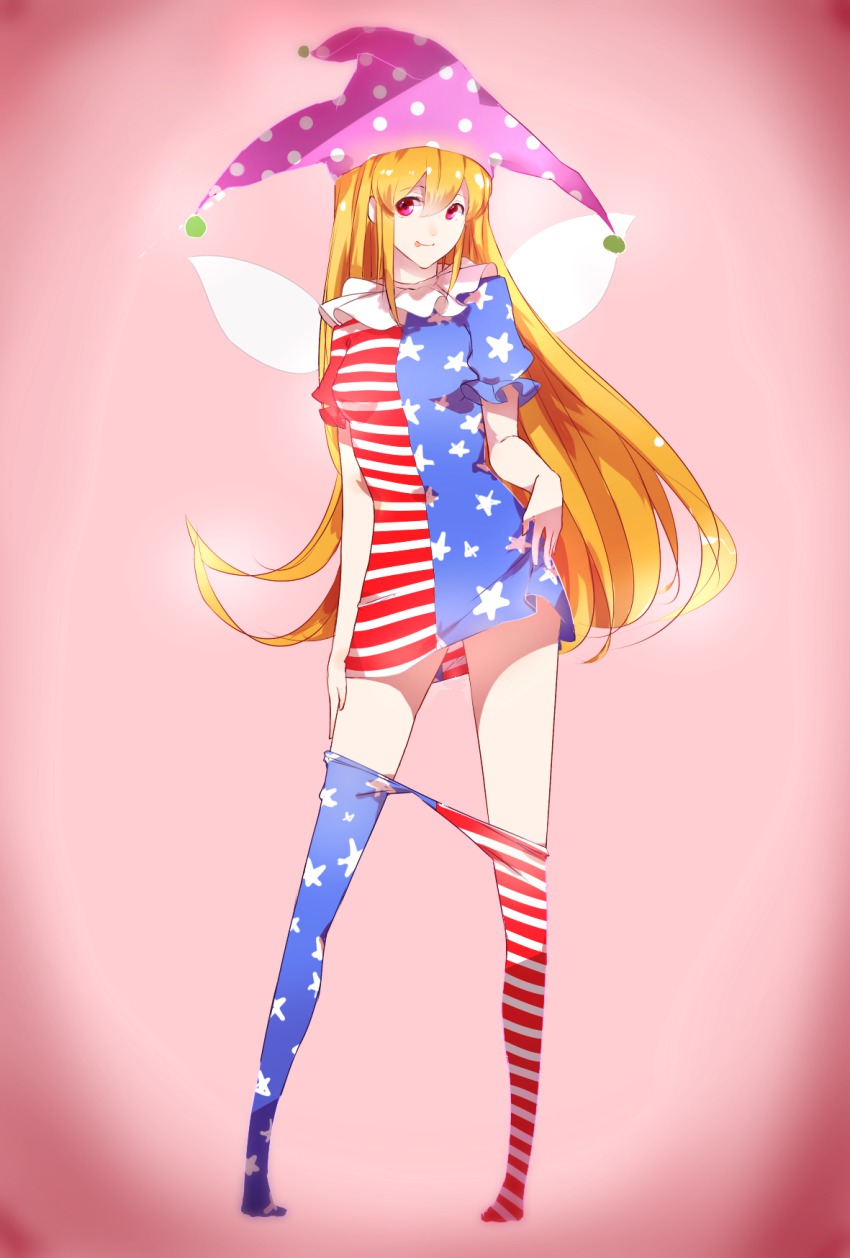 1girl, :p, aged_up, american_flag_dress, american_flag_legwear, blonde_hair, clothes_pull, clownpiece