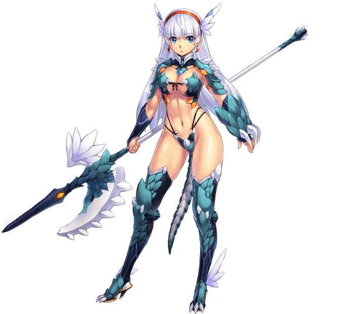 1girl, armor, bikini_armor, blue_eyes, breasts, contrapposto, dragon_tail, earrings, female_focus, full_body, hair_ornament, head_wings, jewelry, large_breasts, long_hair, lucille_(sennen_sensou_aigis), original, sennen_sensou_aigis, solo, standing, tail, thighhighs, transparent_background, uchiu_kazuma, weapon, white_hair, wings