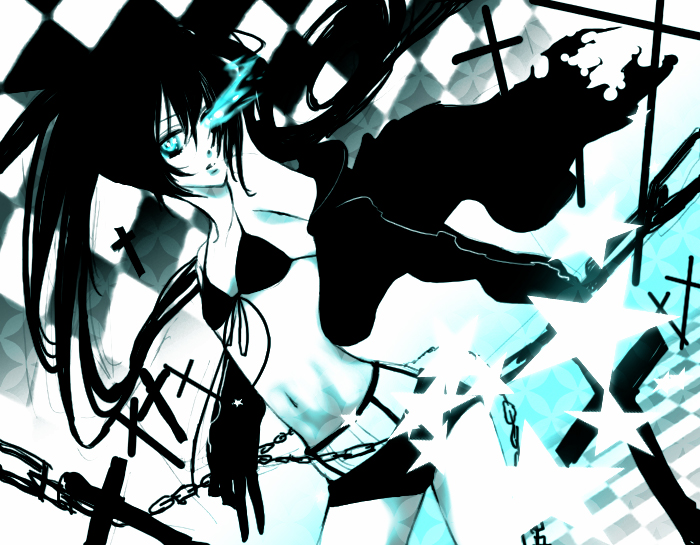 10s, 1girl, aqua_theme, bad_id, bad_pixiv_id, black_hair, black_rock_shooter, black_rock_shooter_(character)