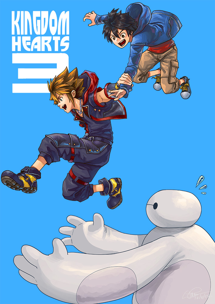 2boys, arm_grab, baymax, big_hero_6, black_hair, blue_background, blue_eyes, brown_eyes