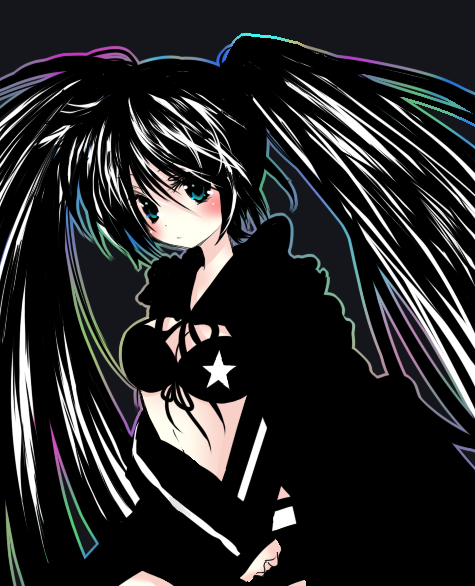 10s, 1girl, aqua_eyes, bad_id, bad_pixiv_id, blackâ˜…rock_shooter, black_hair, black_rock_shooter, black_rock_shooter_(character), breasts, female_focus, long_hair, midriff, riichu, solo, tisshu, twintails