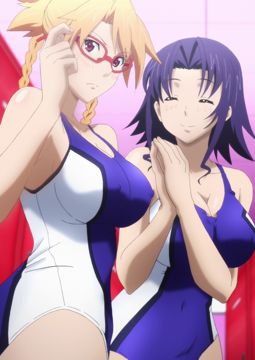 2girls, amado_yuuka, anime_screenshot, bare_shoulders, blonde_hair, blush, braid, breasts