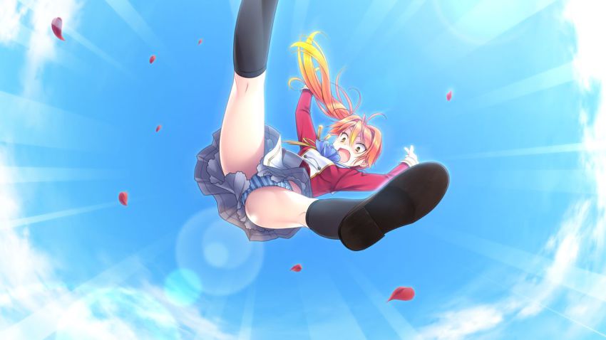1girl, :o, akahito_tamao, black_shoes, black_socks, blonde_hair, blue_panties, blue_sky