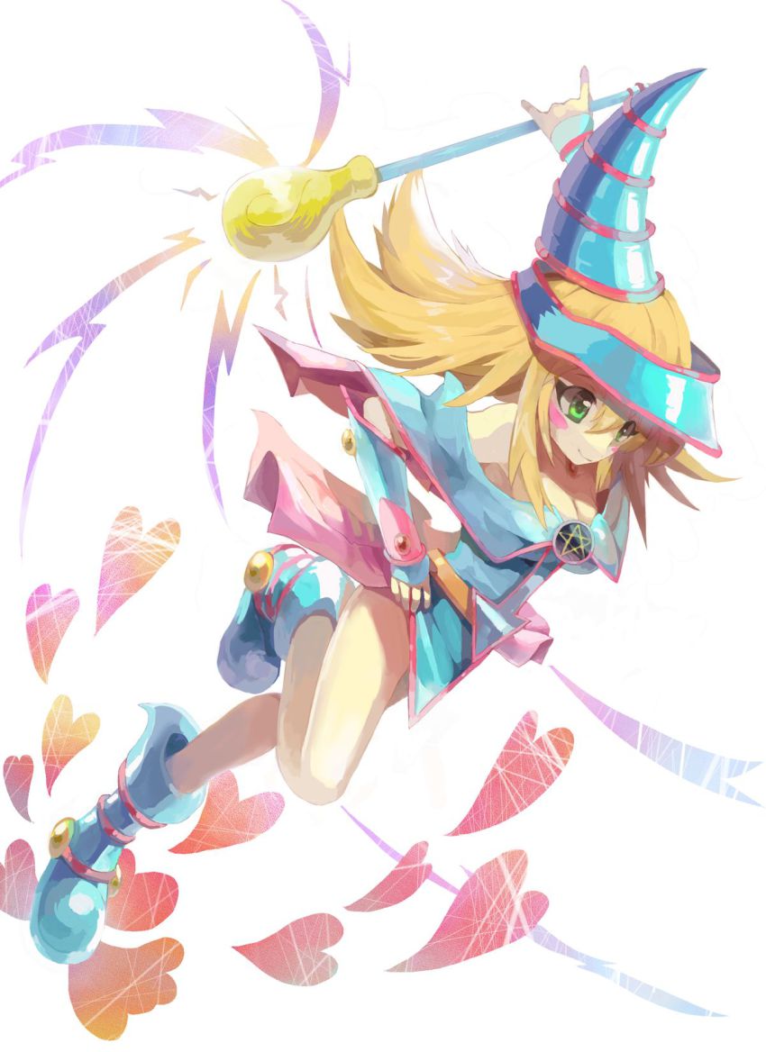 1girl, blonde_hair, boots, breasts, dark_magician_girl, duel_monster, female_focus, green_eyes