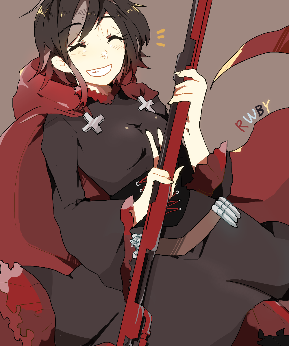 1girl, blush, chomachi, female_focus, highres, lolita_fashion, ruby_rose, rwby, short_hair, simple_background, smile, solo