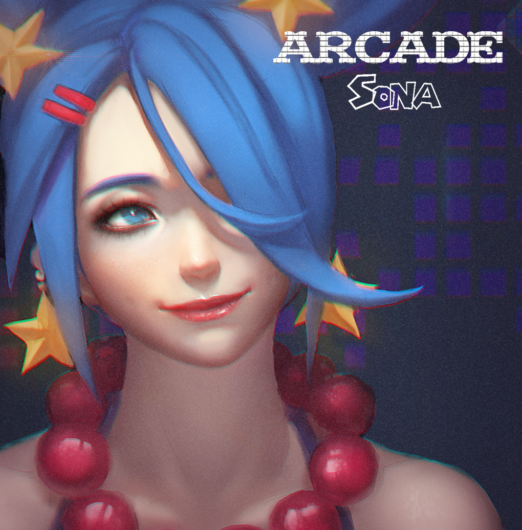 1girl, arcade_sona, blue_eyes, blue_hair, cjh123456, earrings, female_focus, hair_ornament