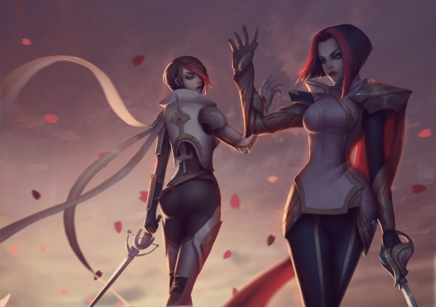 2girls, alternate_costume, armor, ass, blue_eyes, cjh123456, dual_persona, fiora_(league_of_legends)