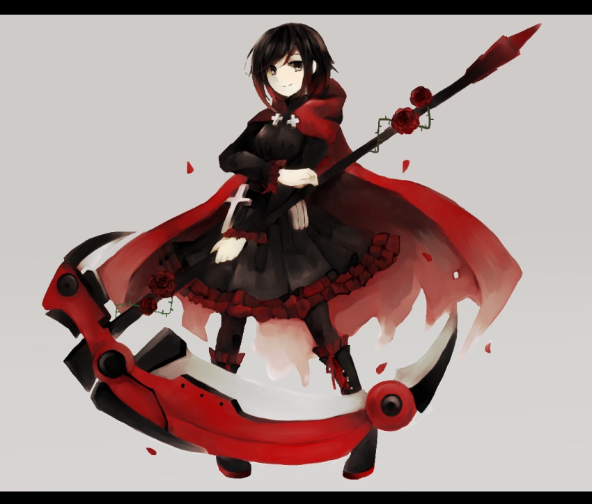 1girl, border, brown_eyes, brown_hair, cape, chomachi, cross, female_focus, flower, gothic_lolita, grey_background, letterboxed, lolita_fashion, pantyhose, petals, plant, rose, rose_petals, ruby_rose, rwby, scythe, simple_background, smile, solo, thorns, vines