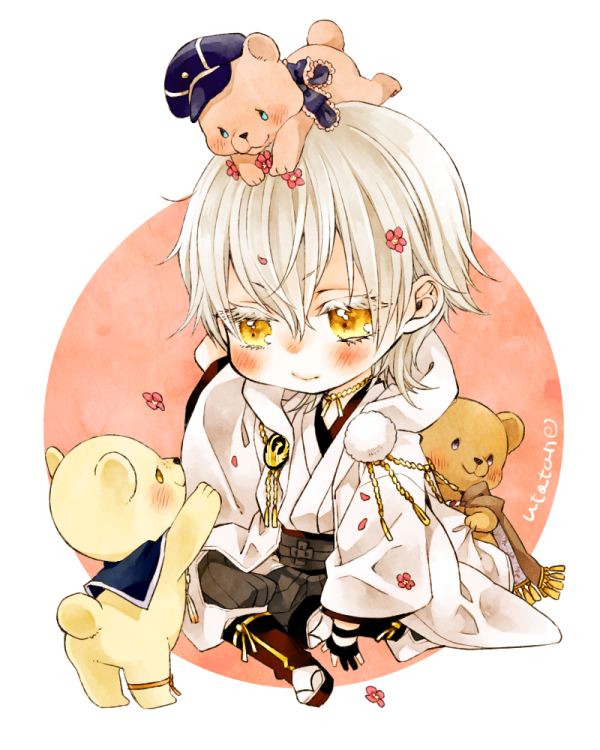 10s, 1boy, animal, animal_on_head, animalization, bear, cape, flower