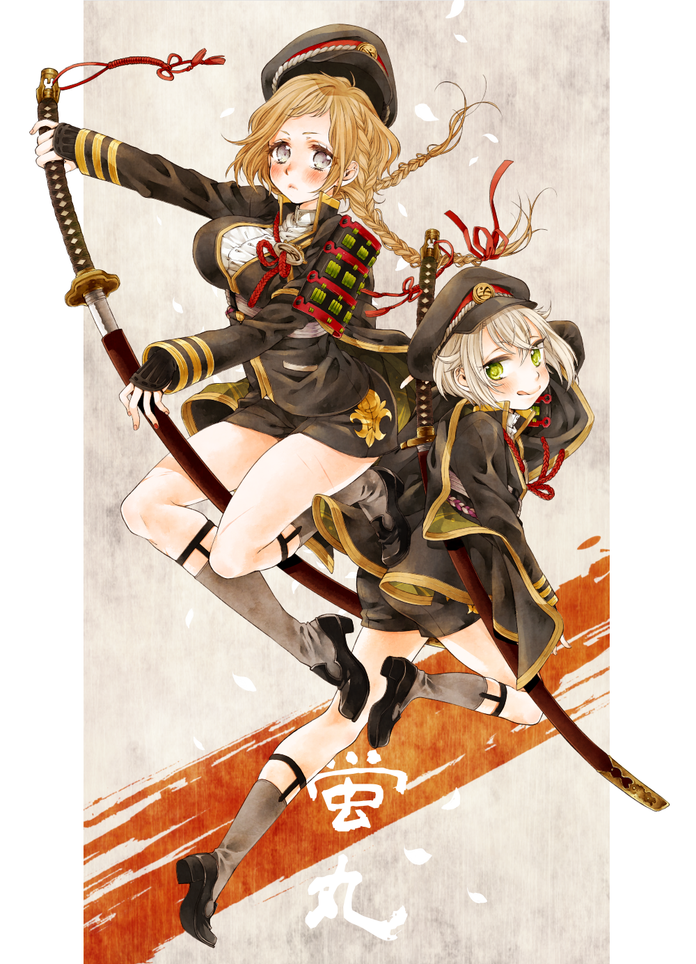 10s, 1boy, 1girl, :q, armor, blonde_hair, braid, breasts