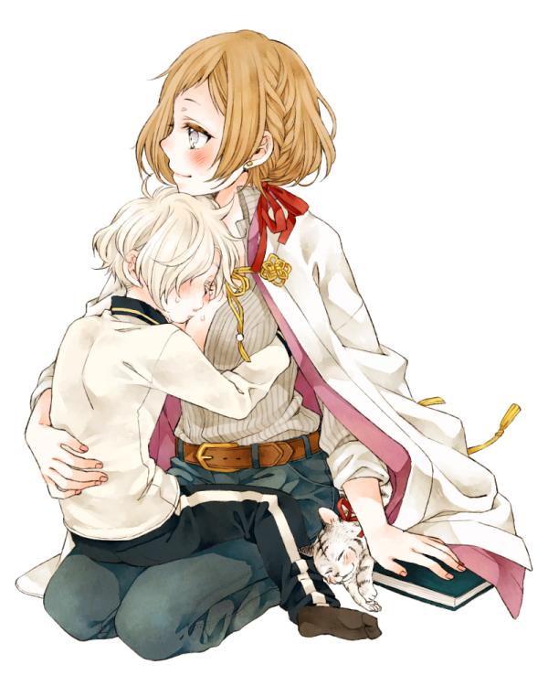 10s, 1boy, 1girl, belt, blonde_hair, blush, book, braid