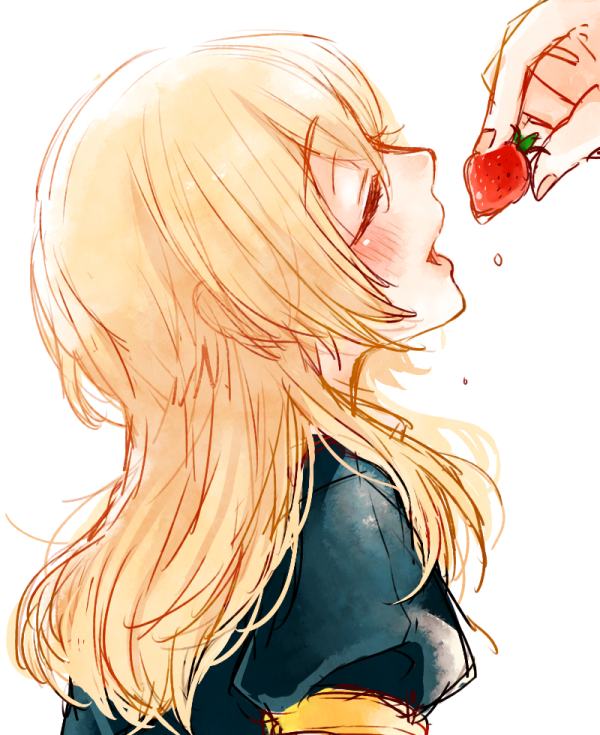 10s, 1boy, blonde_hair, blush, closed_eyes, food, fruit, male_focus, midare_toushirou, open_mouth, simple_background, solo_focus, strawberry, touken_ranbu, trap, upper_body, utatane