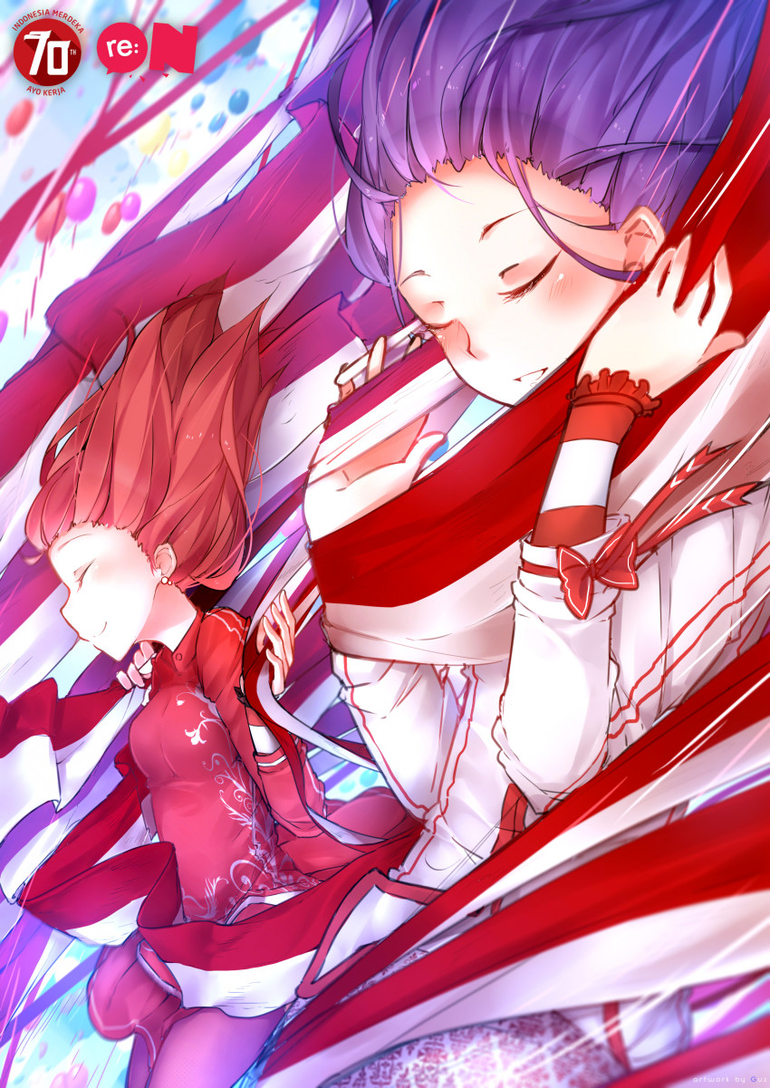 00s, 2girls, absurdres, blush, bow, closed_eyes, highres, long_hair