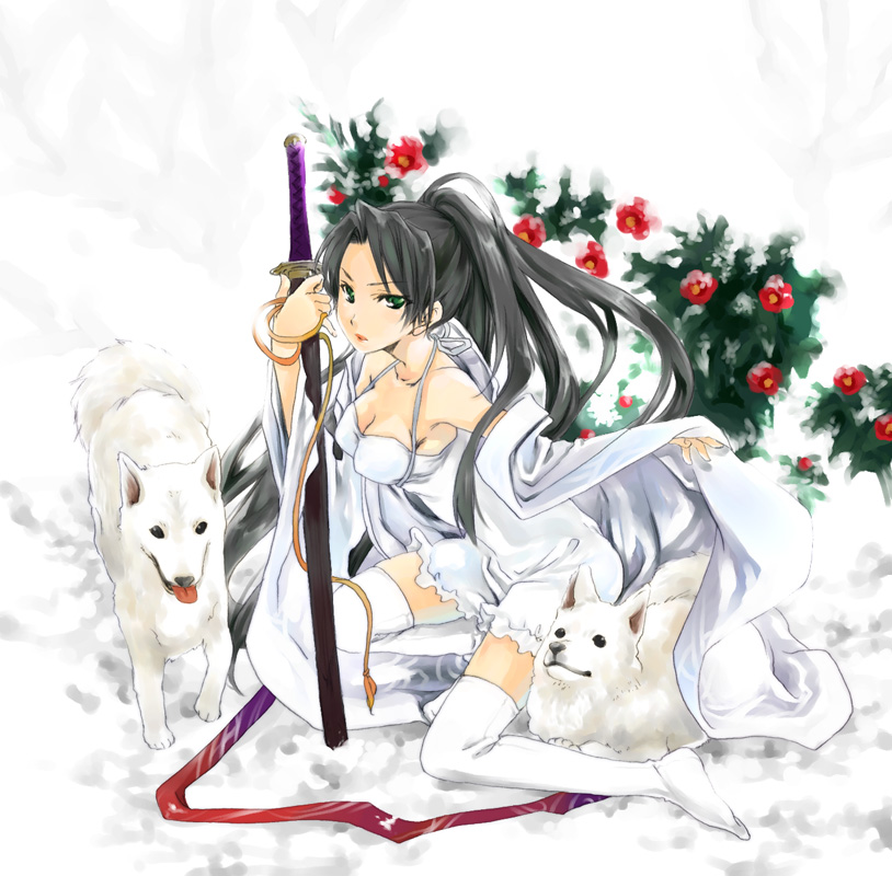 1girl, bad_id, bad_pixiv_id, black_hair, dog, dress, female_focus, green_eyes