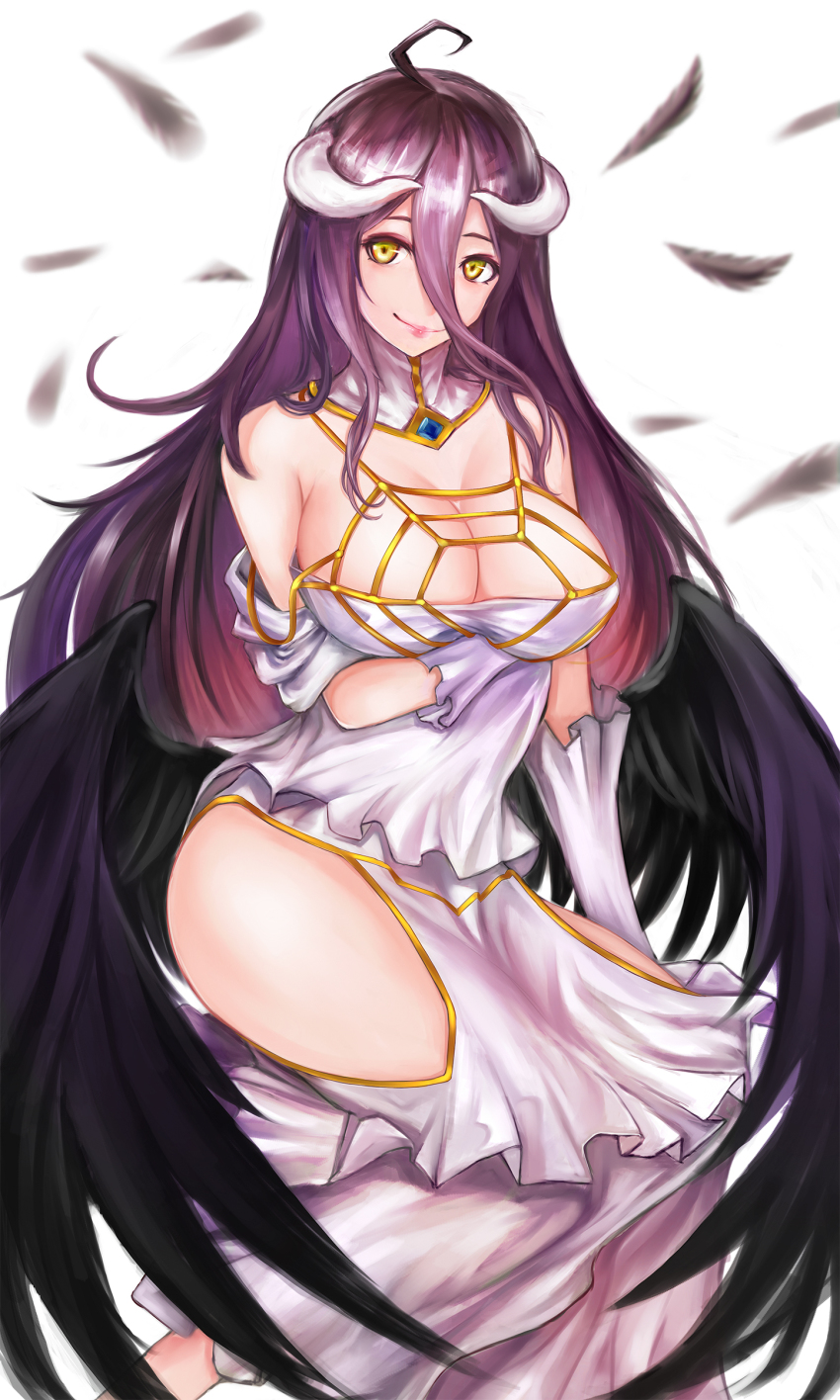 1girl, absurdres, ahoge, albedo_(overlord), bare_hips, bare_shoulders, black_hair, black_wings