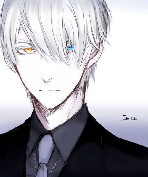 10s, 1boy, artist_request, blue_eyes, delico_(gangsta), gangsta, gradient_background, hair_over_one_eye, heterochromia, male_focus, necktie, pale_skin, short_hair, solo, takuya_@pft, white_hair, yellow_eyes