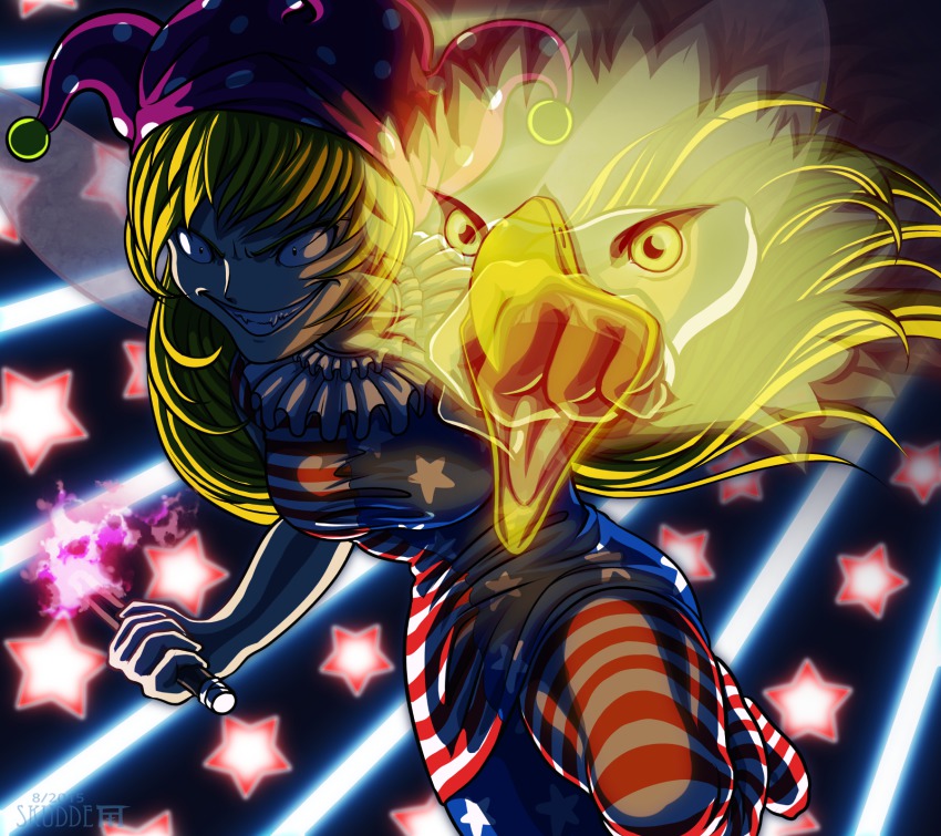 1girl, aged_up, american_flag_dress, american_flag_legwear, bald_eagle, bird, blonde_hair, clownpiece, danmaku, eagle, evil_grin, evil_smile, glowing, grin, hat, highres, jester_cap, long_hair, pantyhose, self-upload, skudde, smile, space, striped_background, teeth, toned, toned_female, torch, touhou, very_long_hair