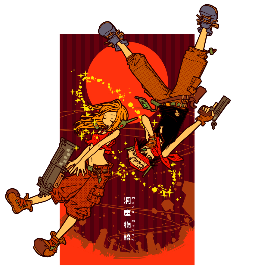 1boy, 1girl, android, baseball_cap, black_hair, blonde_hair, blue_eyes, cherri_cherri, closed_eyes, copyright_name, crop_top, curly_brace, dog_tags, doukutsu_monogatari, english_text, flat_color, gun, handgun, hat, jewelry, midriff, necklace, pistol, quote_(cave_story), short_hair, smile, sparkle, striped_background, tank_top, weapon