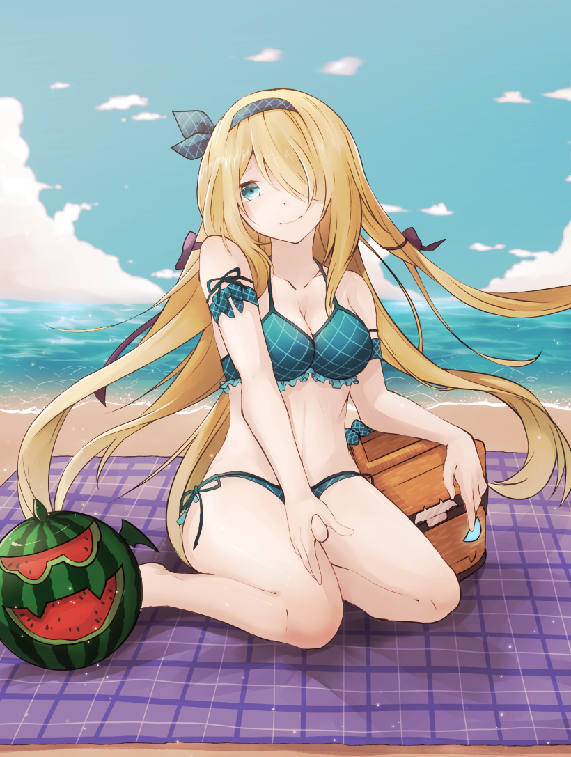1girl, argyle_bikini, argyle_clothes, armband, beach, bikini, blonde_hair, blue_bikini