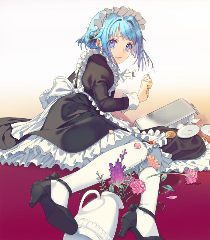 10s, 1boy, alternate_costume, apron, blue_hair, blush, carnation, crossdressing, crossdressing_(mtf), dress, enk, enmaided, ensemble_stars!, fallen_down, flower, full_body, gradient_background, high_heels, maid, maid_apron, maid_headdress, male_focus, male_maid, open_mouth, pantyhose, pink_carnation, pink_flower, shino_hajime, short_hair, solo, trap, white_pantyhose