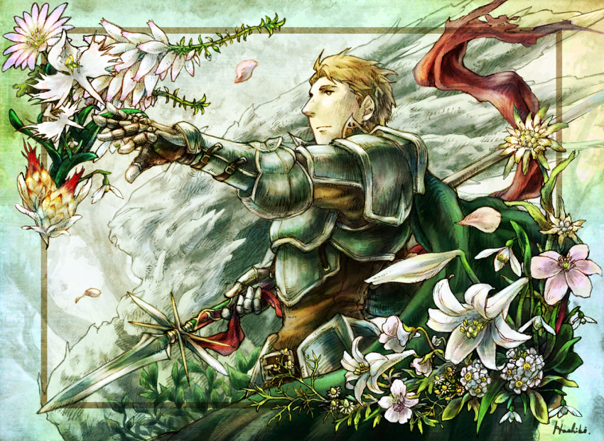 1boy, armor, blonde_hair, camomile, edelweiss_(flower), fire_emblem, fire_emblem:_the_binding_blade, flower