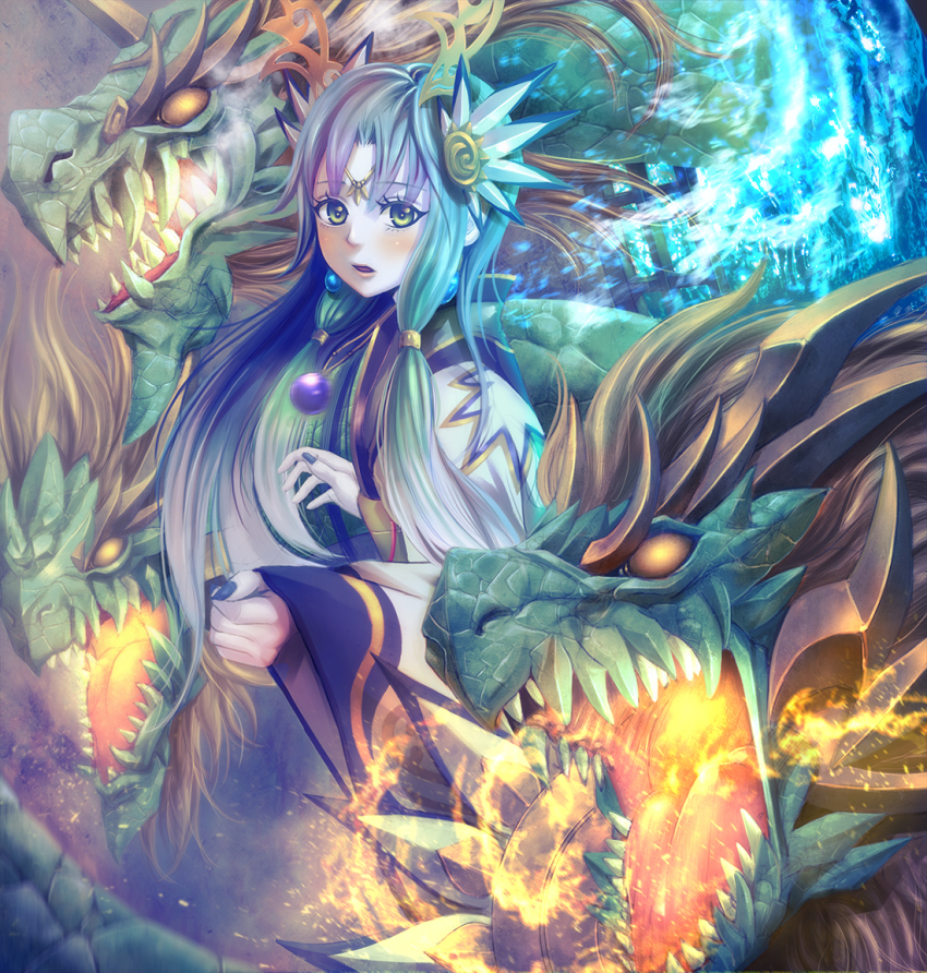 1girl, blue_hair, circlet, female_focus, fire, green_hair, hair_ornament, hair_tubes, horns, japanese_clothes, jewelry, kimono, long_hair, looking_at_viewer, monster, nail_polish, open_mouth, orochi_(p&amp;d), pendant, puzzle_&amp;_dragons, shoichi_(ekakijin), single_horn, solo, sumire_(p&amp;d)