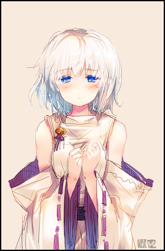 1girl, bare_shoulders, blue_eyes, blush, border, crying, crying_with_eyes_open, detached_sleeves