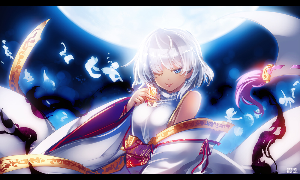 1girl, awakening_(sennen_sensou_aigis), bare_shoulders, blue_eyes, detached_sleeves, full_moon, japanese_clothes, kariginu