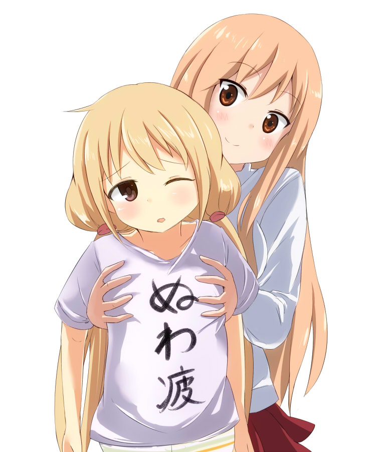 10s, 2girls, bike_shorts, blonde_hair, blush, brown_eyes, brown_hair, clothes_writing, crossover, doma_umaru, flat_chest, flat_chest_grab, futaba_anzu, grabbing_another's_breast, groping, himouto!_umaru-chan, idolmaster, idolmaster_cinderella_girls, long_hair, low_twintails, multiple_girls, one_eye_closed, school_uniform, season_connection, shirt, shorts, simple_background, skirt, smile, striped_clothes, striped_legwear, striped_shorts, t-shirt, tagfly27qt, trait_connection, translation_request, twintails, wavy_mouth, white_background, yuri