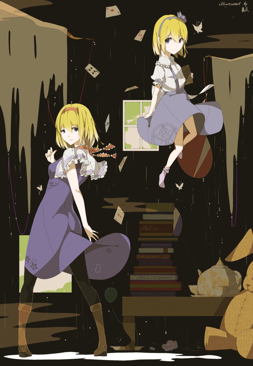 2girls, absurdres, alice_margatroid, alice_margatroid_(pc-98), ascot, black_legwear, blonde_hair, blue_eyes, book, bug, butterfly, card, congming_lan, cup, dress, dual_persona, english_text, engrish_text, frills, hairband, highres, insect, looking_at_viewer, looking_back, multiple_girls, pantyhose, parted_lips, playing_card, ranguage, short_hair, standing, string, string_of_fate, stuffed_animal, stuffed_rabbit, stuffed_toy, teacup, teapot, touhou, wind, window