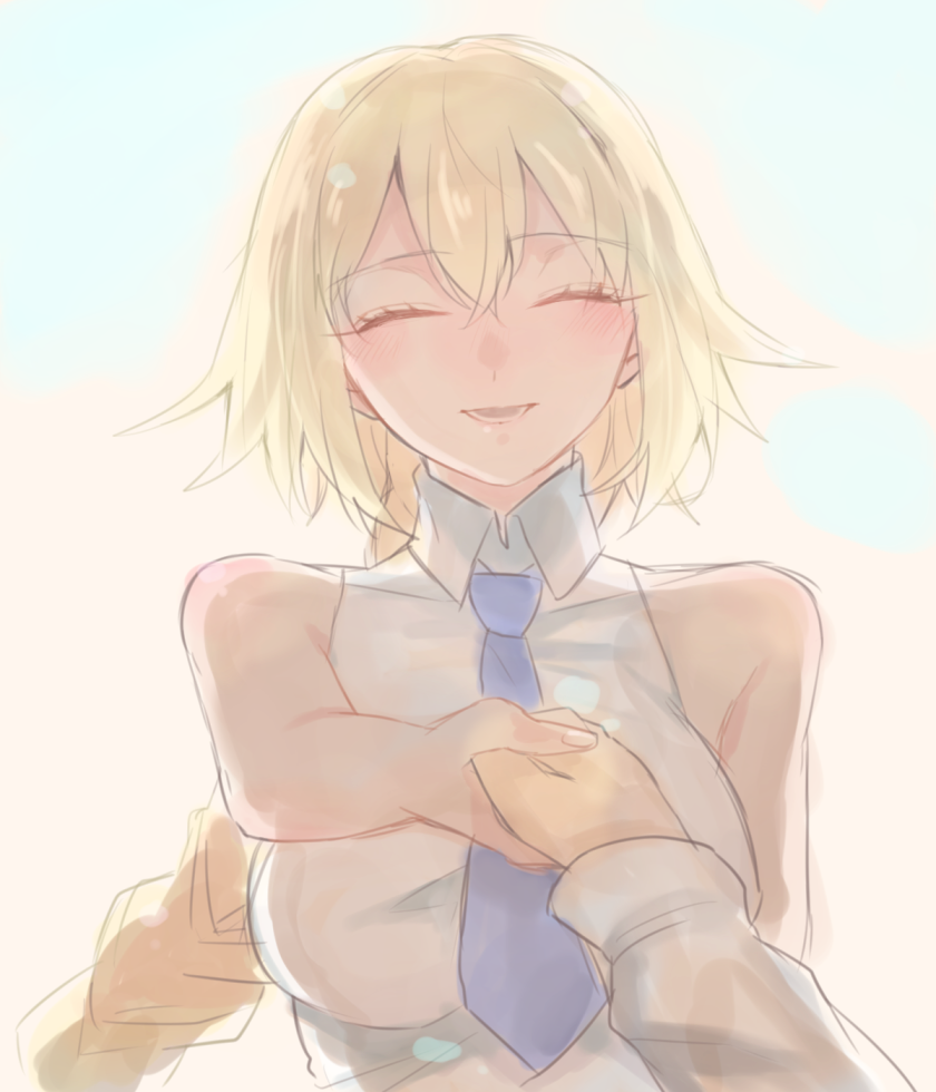 1girl, :d, blonde_hair, braid, closed_eyes, fate/apocrypha, fate_(series), gradient_background, holding_hands, jeanne_d'arc_(fate), jeanne_d'arc_(girl_from_orleans)_(fate), jeanne_d'arc_(ruler)_(fate), kotobuki_(wk231414), long_hair, necktie, open_mouth, single_braid, sleeveless, smile, solo_focus, upper_body