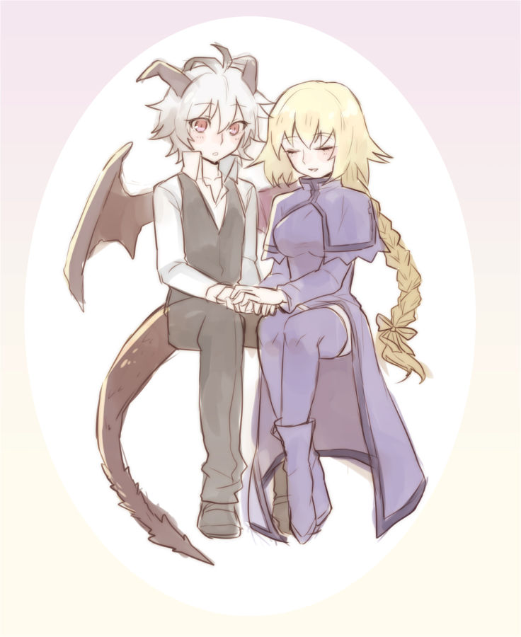 1boy, 1girl, blonde_hair, braid, capelet, closed_eyes, fate/apocrypha, fate_(series)