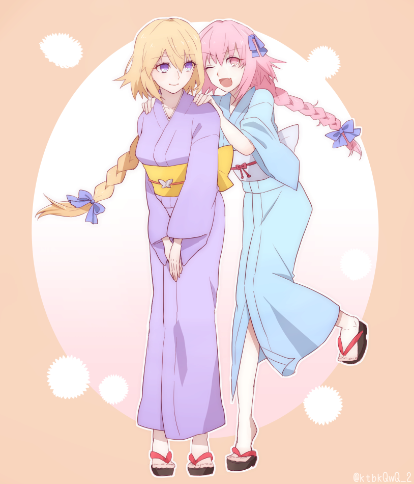 1boy, 1girl, astolfo_(fate), blonde_hair, bow, braid, crossdressing, fate/apocrypha, fate_(series), gradient_background, hair_bow, hair_ribbon, japanese_clothes, jeanne_d'arc_(fate), jeanne_d'arc_(ruler)_(fate), kimono, kotobuki_(wk231414), long_hair, obi, pink_hair, purple_eyes, ribbon, sandals, sash, simple_background, single_braid, smile, trap, yukata