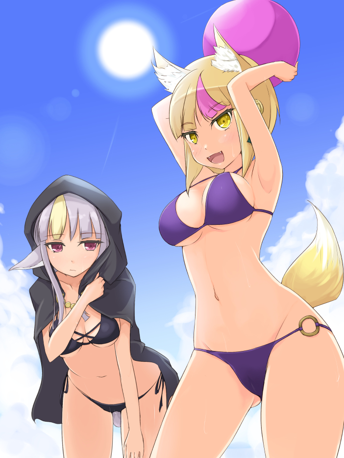 2girls, animal_ears, bikini, black_bikini, blonde_hair, blue_bikini, blush, breasts