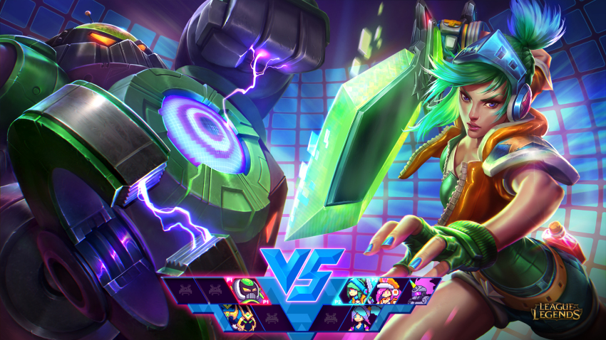 1boy, 1girl, alternate_costume, alvin_lee, arcade_(league_of_legends), arcade_hecarim, arcade_miss_fortune, arcade_riven, arcade_sona, blitzcrank, character_select, hecarim, highres, league_of_legends, miss_fortune_(league_of_legends), official_art, official_wallpaper, parody, pixelated, riven_(league_of_legends), sona_(league_of_legends), street_fighter, street_fighter_v, sword, tag, veigar, watermark, weapon