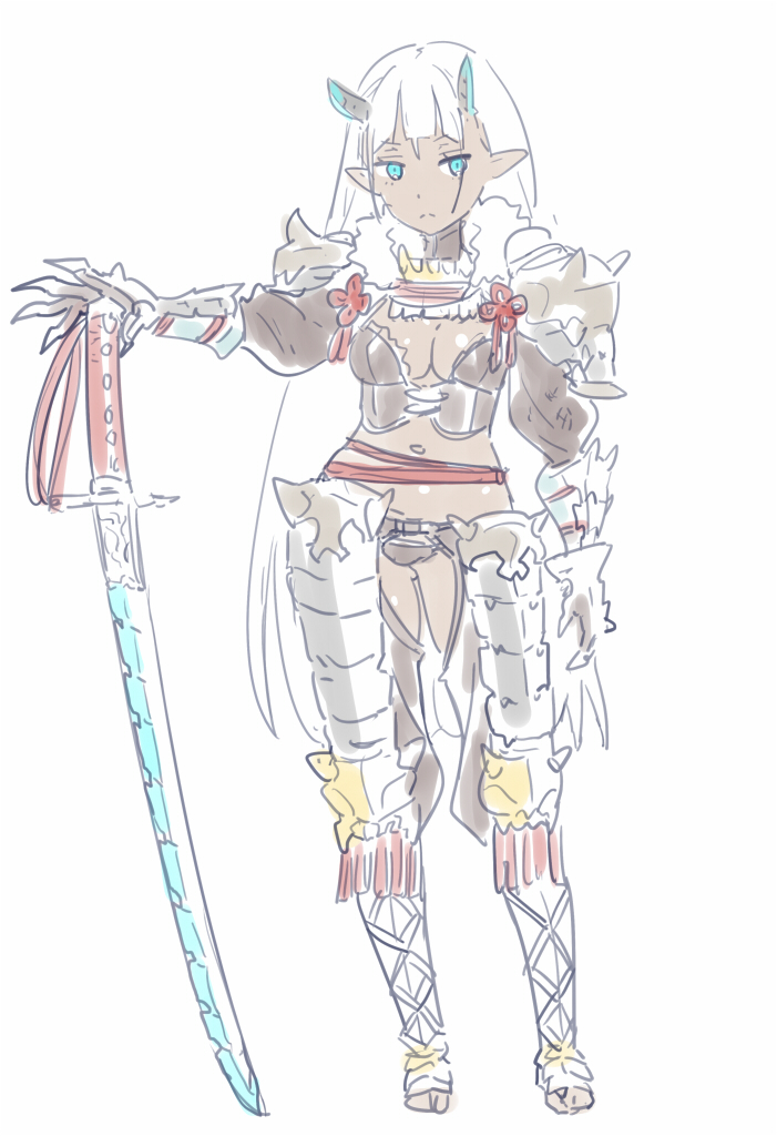 1girl, armor, black_panties, blade_horns, blue_eyes, breasts, claws, cleavage