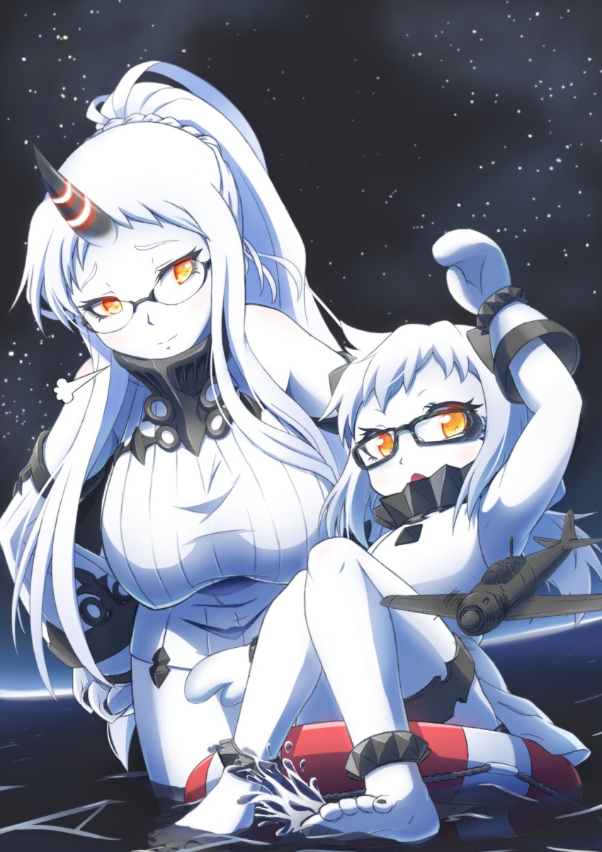 10s, 2girls, absurdres, abyssal_ship, ahoge, barefoot, bespectacled, breasts, claws, colored_skin, detached_sleeves, dress, glasses, gradient_background, highres, horns, huge_breasts, kantai_collection, long_hair, mittens, multiple_girls, northern_ocean_princess, pale_skin, pokke_(pokke-chan), ponytail, red_eyes, ribbed_dress, seaport_princess, short_dress, single_horn, sky, white_dress, white_hair, white_skin