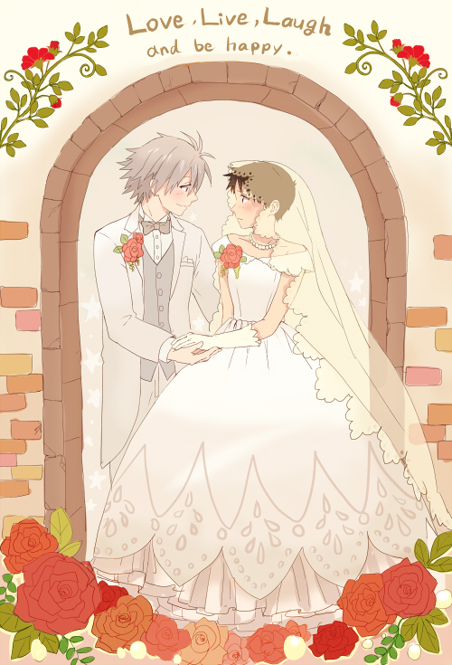 2boys, arch, bad_id, bad_pixiv_id, black_hair, blush, bow, bowtie, brick_wall, bridal_veil, bride, corsage, couple, crossdressing, crossdressing_(mtf), dress, dress_shirt, english_text, eye_contact, flower, formal_clothes, gloves, gown, grey_jacket, grey_pants, groom, hezeo_(suz888), holding_hands, ikari_shinji, jacket, jewelry, light_smile, long_sleeves, looking_at_another, male_bride, male_focus, multiple_boys, nagisa_kaworu, necklace, neon_genesis_evangelion, off-shoulder_dress, off_shoulder, pants, pearl_necklace, profile, red_flower, red_rose, rose, shirt, side-by-side, silver_hair, suit, traditional_bowtie, trap, tuxedo, veil, vest, wedding_dress, white_dress, white_gloves, white_shirt, yaoi