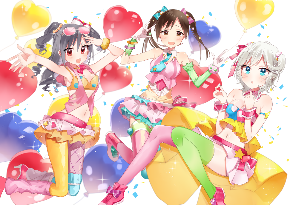 3girls, :d, :o, akagi_miria, akagi_miria_(cosplay), alternate_costume, anastasia_(idolmaster), arms_up