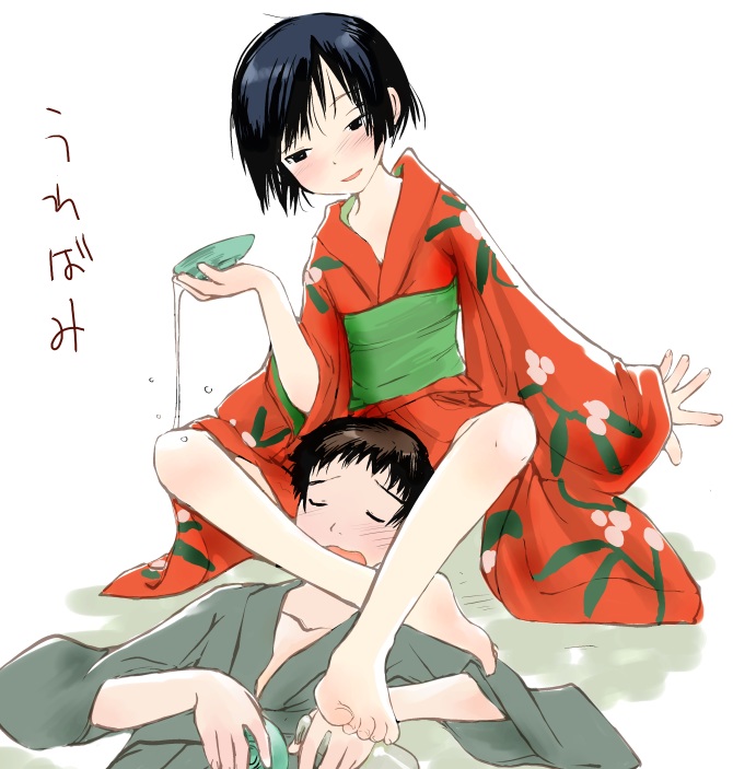 1boy, 1girl, alcohol, barefoot, black_hair, brown_hair, closed_eyes, cup, drunk, feet, flat_chest, floral_print, floral_print_kimono, japanese_clothes, kashmir, kimono, leaning, leg_lock, mushishi, print_kimono, renzu_(mushishi), sakazuki, sake, shinra_(mushishi), short_hair, sleeping, toes, translated