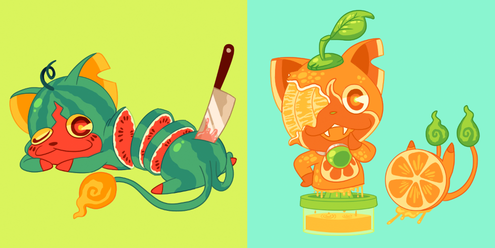 10s, bad_id, bad_pixiv_id, cat, fangs, food, food_focus, foodification, fruit, juice, knife, kyra_kupetsky, mandarin_orange, mikannyan, multiple_tails, no_humans, notched_ear, objectification, one_eye_closed, open_mouth, simple_background, suikanyan, tail, two_tails, watermelon, traditional_youkai, youkai_watch, youkai_watch_2