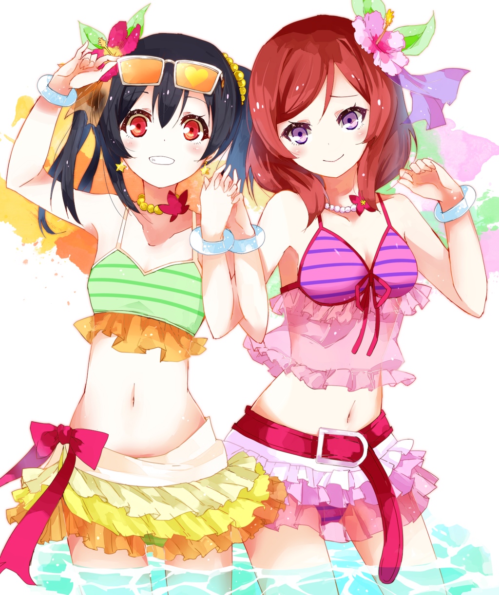 10s, 2girls, bad_id, bad_pixiv_id, belt, bikini, bikini_skirt, black_hair