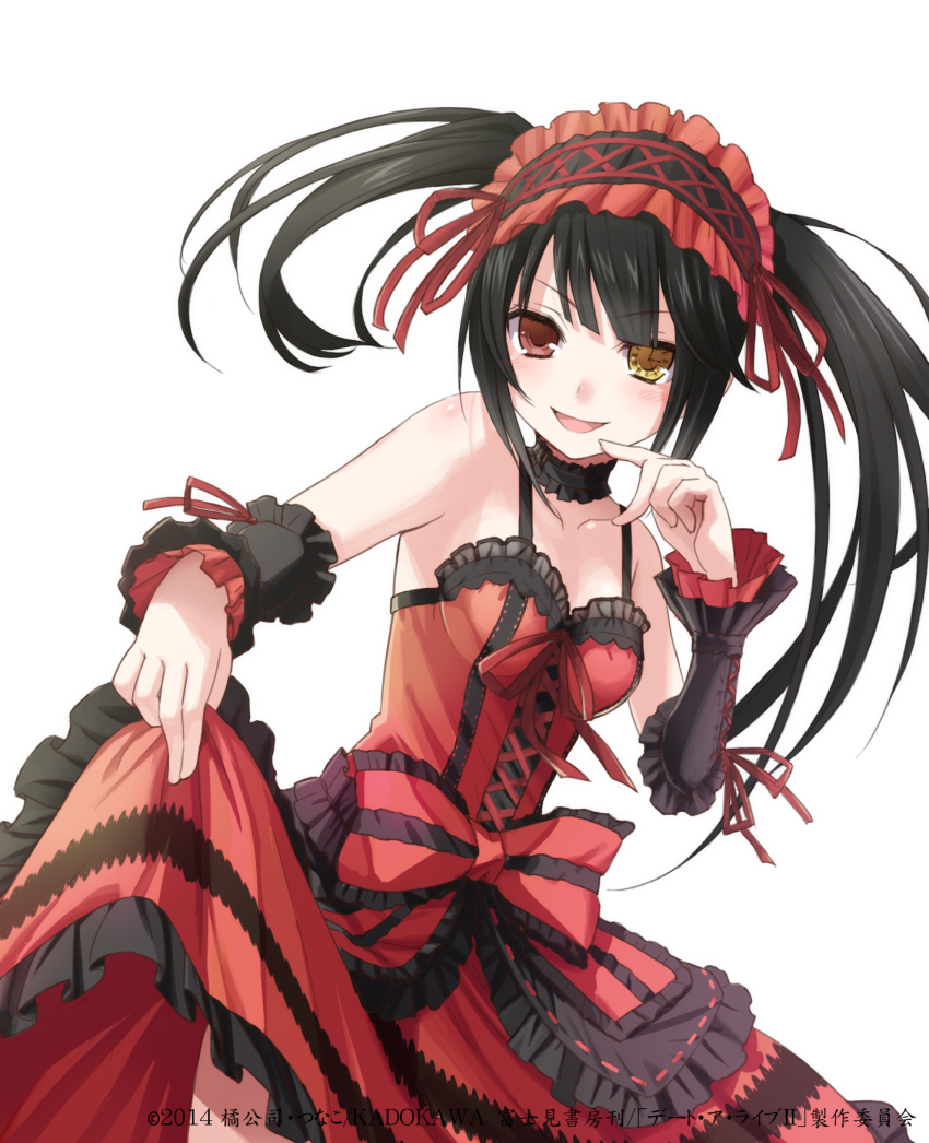 10s, 1girl, 2014, black_hair, brown_eyes, clock_eyes, clothes_lift, date_a_live, detached_sleeves, dress, dress_lift, female_focus, hairband, heterochromia, highres, konoe_(vis9191), lolita_fashion, lolita_hairband, long_hair, looking_at_viewer, open_mouth, red_eyes, simple_background, solo, symbol-shaped_pupils, tokisaki_kurumi, twintails, white_background, yellow_eyes